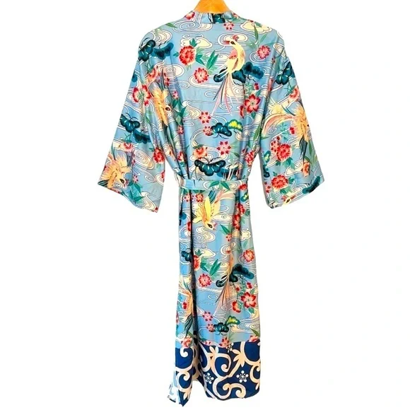 ZARA Floral Bird Tropical Belted Silky Kimono Shirt Dress/Kaftan Size XL NEW
